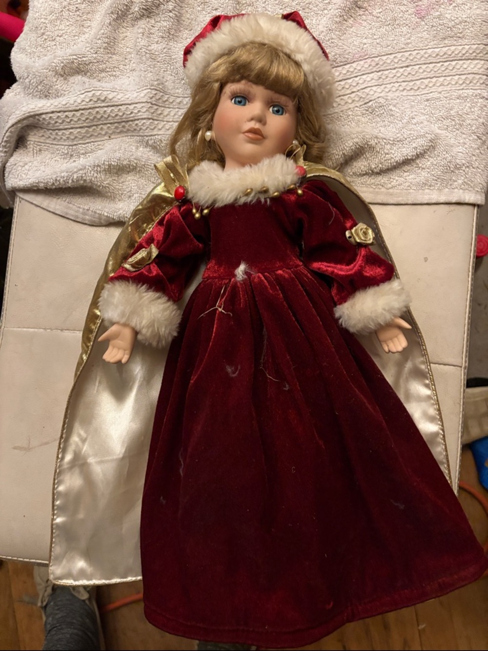 Porcelain Holiday Doll in Deep Red Velvet Dress